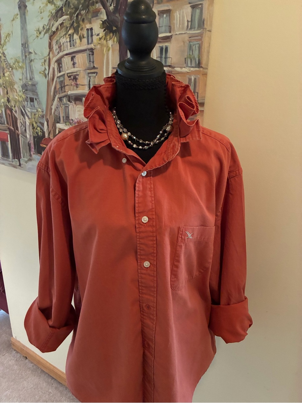 Eddie Bauer Rust Ruffle-Collar Button-Down Shirt - Picture 3 of 7